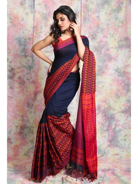 

Charukriti Navy Blue & Magenta Woven Design Handloom Pure Cotton Saree