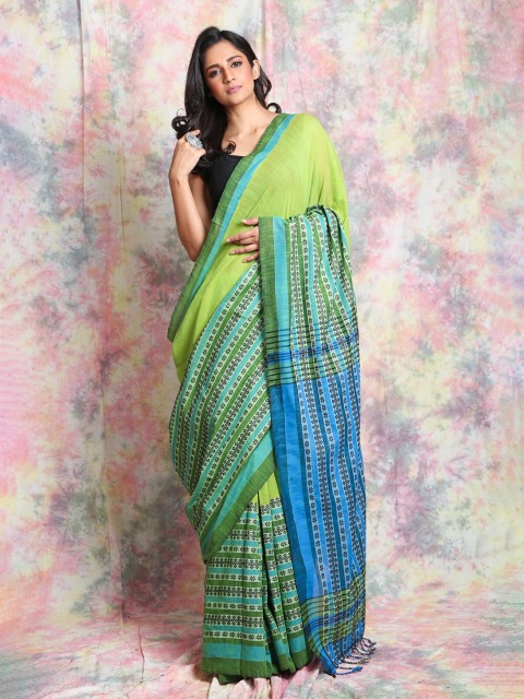 

Charukriti Green & Blue Woven Design Pure Cotton Saree