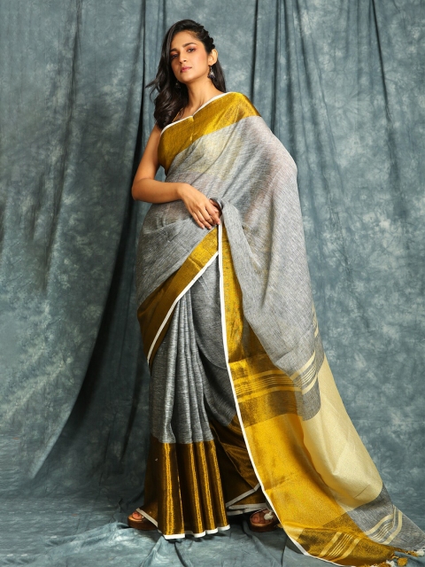 

Charukriti Grey & Gold-Toned Pure Cotton Saree