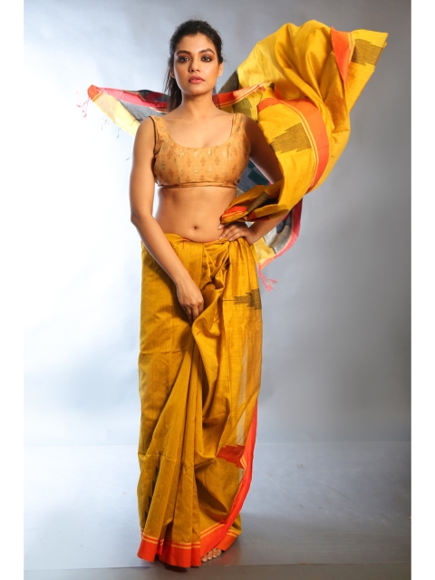 

Charukriti Mustard & Red Woven Design Saree