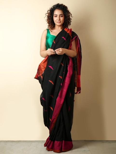 

Charukriti Black & Pink Woven Design Cotton Handloom Saree