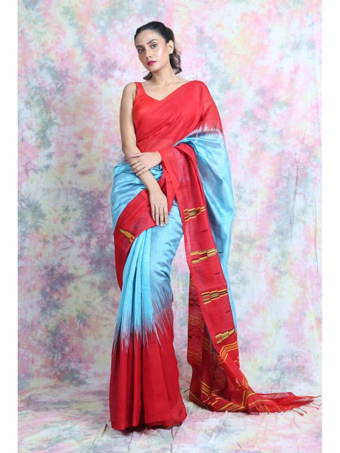 

Charukriti Blue & Red Woven Design Ikat Handloom Saree
