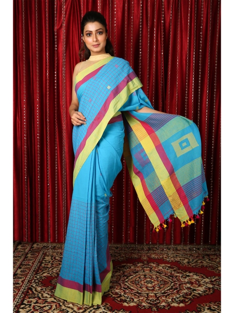 

Charukriti Blue & Pink Striped Checked Pure Cotton Saree