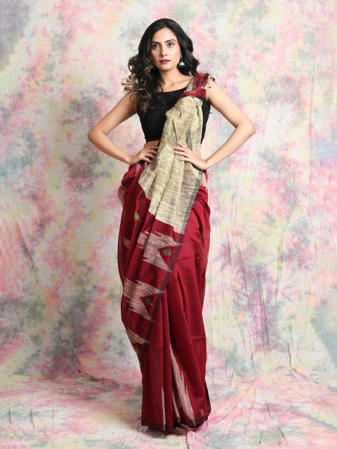

Charukriti Red & Beige Woven Design Cotton Blend Handloom Saree