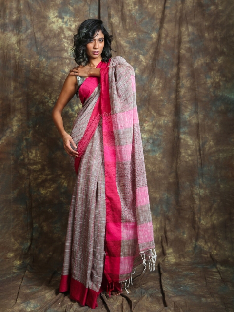 

Charukriti Grey & Pink Striped Saree