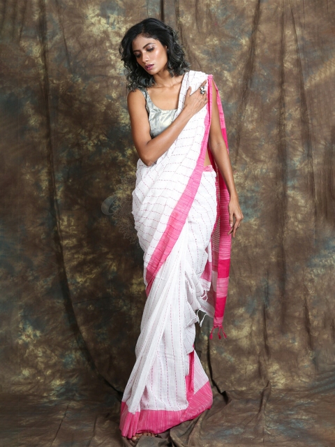 

Charukriti White & Pink Striped Handloom Saree