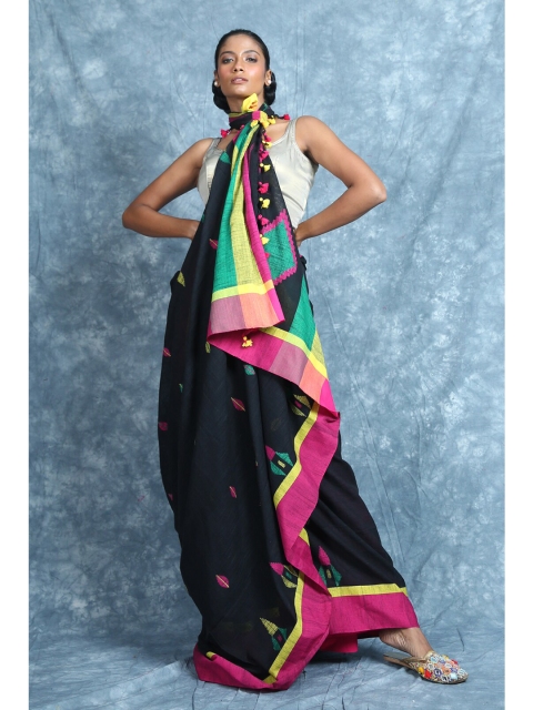 

Charukriti Black & Pink Woven Design Cotton Blend Saree