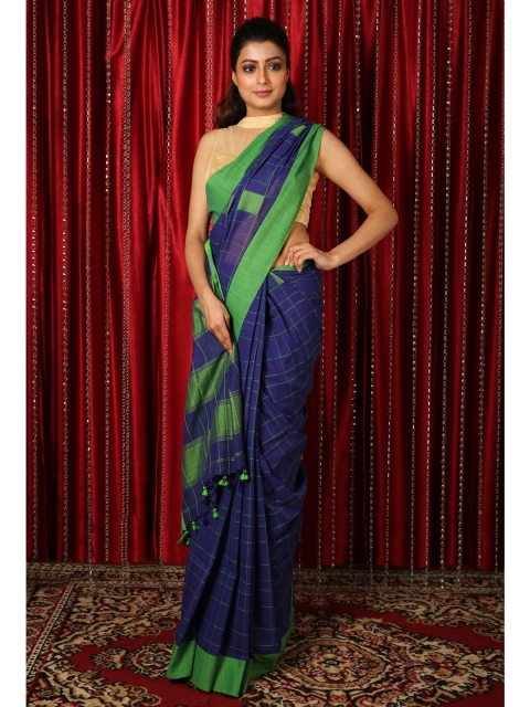 

Charukriti Navy Blue & Green Woven Design Checked Pure Cotton Handloom Saree