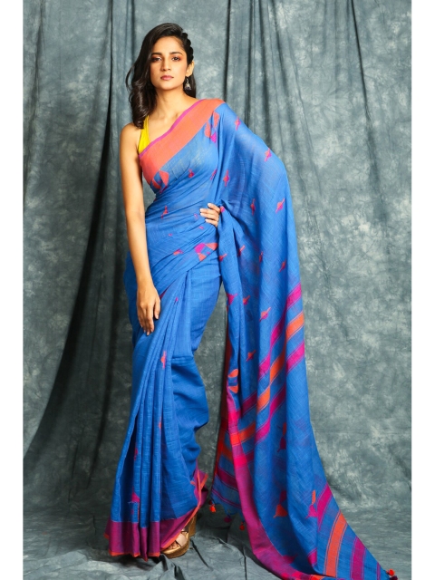 

Charukriti Blue & Pink Woven Design Pure Cotton Saree