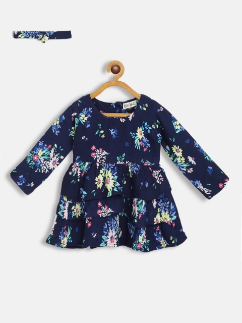 

Bella Moda Navy Blue Floral Layered Cotton Belted Dress