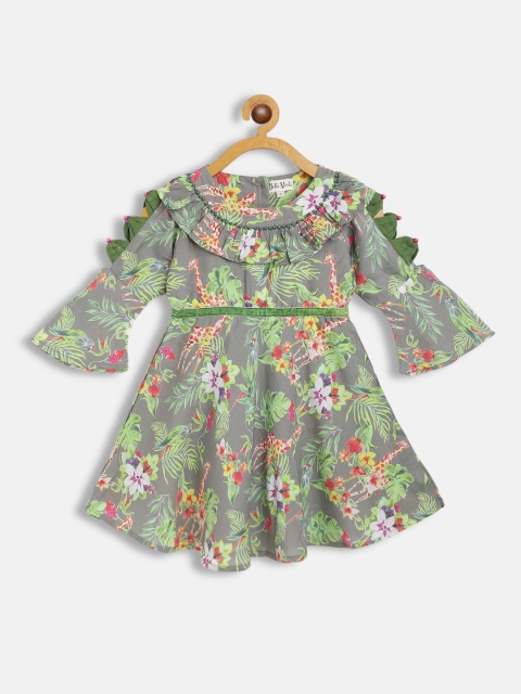 

Bella Moda Grey & Green Floral Applique Cotton Fit & Flare Dress