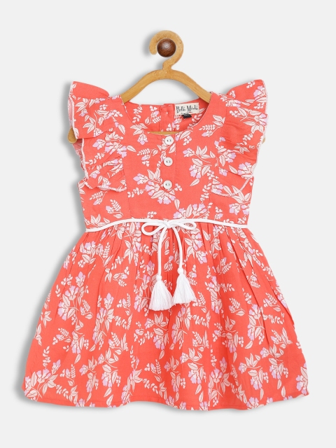 

Bella Moda Orange & White Floral Cotton Fit & Flare Belted Dress