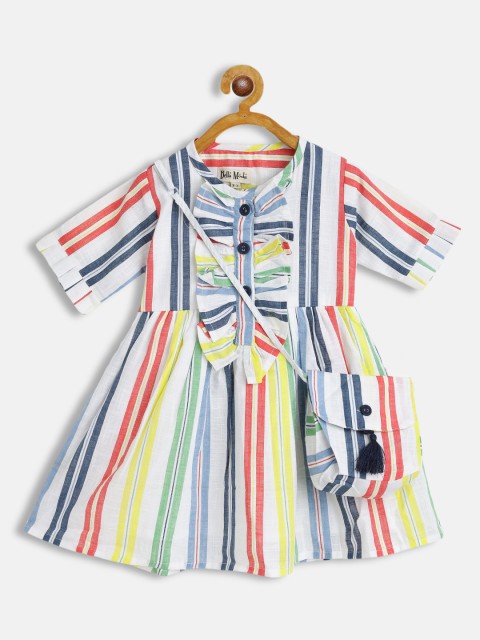 

Bella Moda Multicoloured Striped Cotton Dress With Sling Bag, Multi