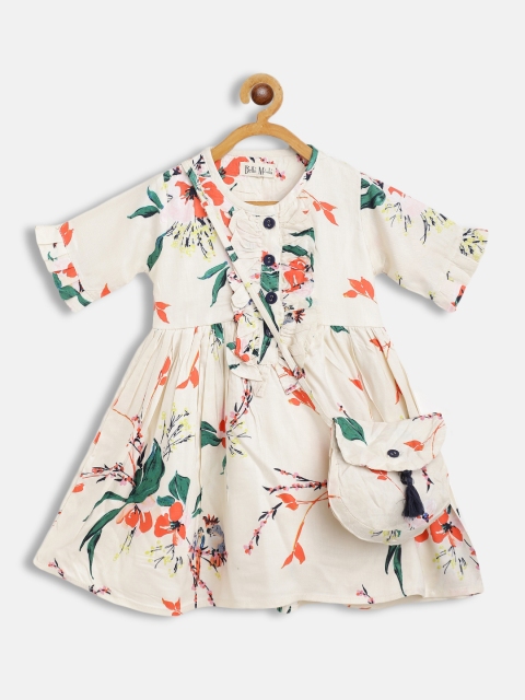 

Bella Moda Off White & Orange Floral Fit & Flair Cotton Dress With Sling Bag