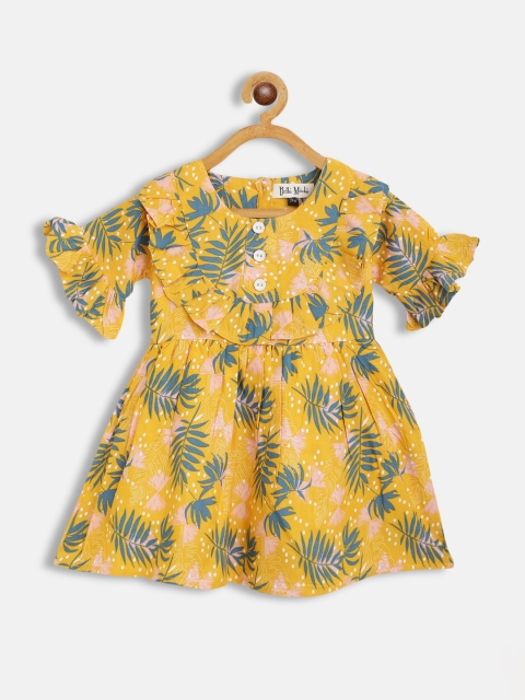 

Bella Moda Mustard Yellow & Teal Blue Floral Fit & Flair Cotton Dress