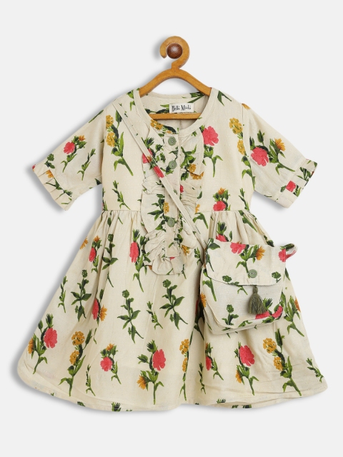

Bella Moda Cream-Coloured & Green Floral Fit & Flair Cotton Dress With Sling Bag