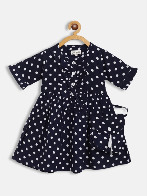 

Bella Moda Navy Blue & White Polka Dots Printed Dress with Sling Bag