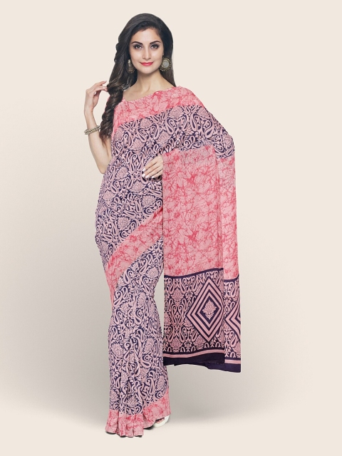 

Pothys Pink & Navy Blue Ethnic Motifs Cotton Blend Saree