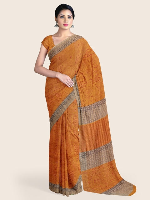 

Pothys Mustard & Grey Ethnic Motifs Printed Saree
