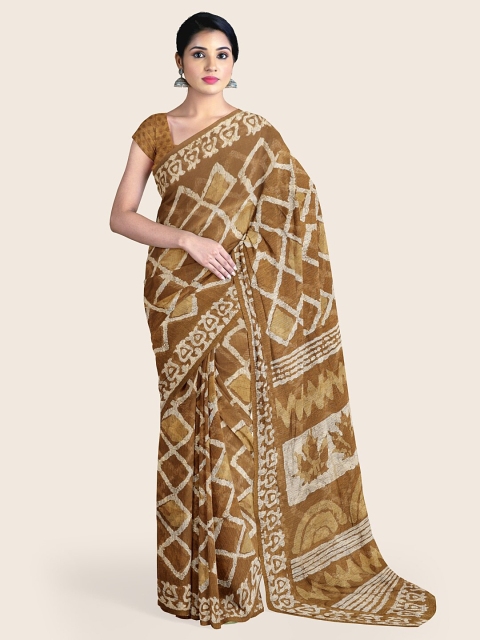 

Pothys Khaki & White Geometric Printed Cotton Blend Saree
