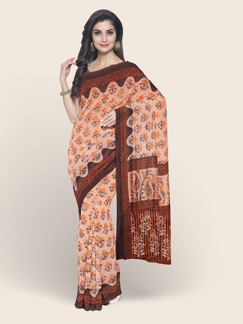 

Pothys Peach-Coloured & Brown Ethnic Motifs Printed Saree