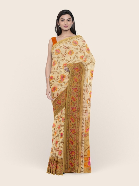

Pothys Cream-Coloured & Orange Floral Printed Cotton Blend Saree