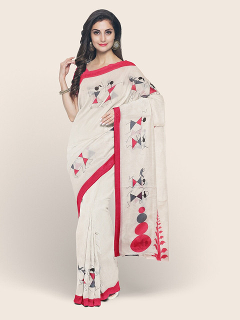

Pothys Off White & Red Warli Printed Cotton Blend Saree