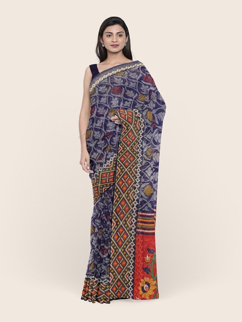 

Pothys Blue & Orange Floral Printed Saree