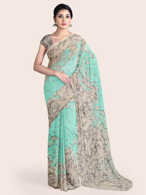 

Pothys Teal & Grey Floral Printed Cotton Blend Saree