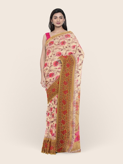

Pothys Cream-Coloured & Pink Floral Printed Saree