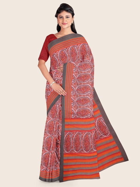 

Pothys Pink & Orange Ethnic Motifs Cotton Blend Saree