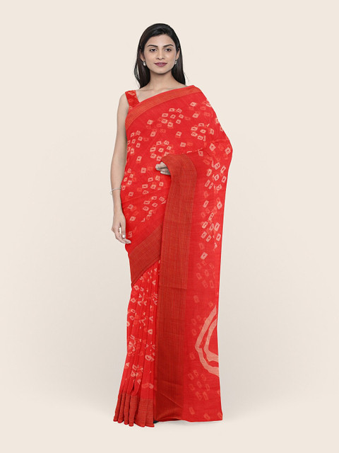 

Pothys Red & White Bandhani Zari Printed Saree
