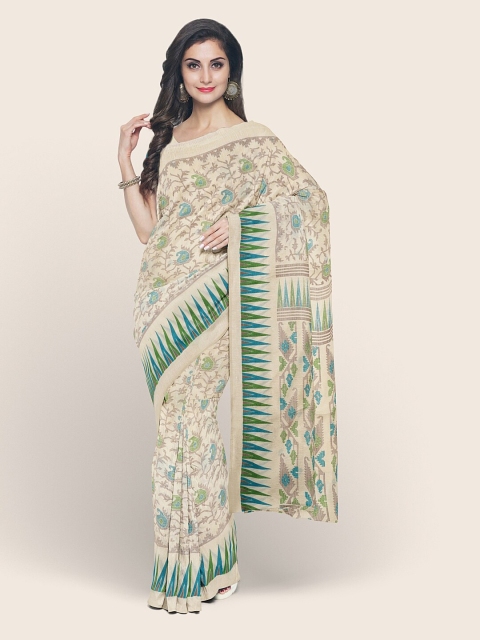 

Pothys Cream-Coloured & Blue Floral Printed Saree