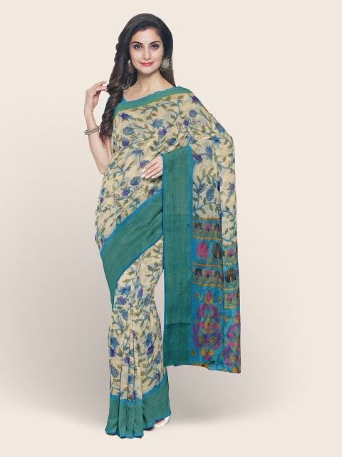 

Pothys Cream-Coloured & Pink Floral Printed Cotton Blend Zari Saree