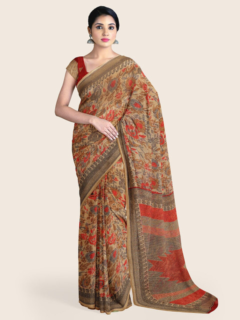 

Pothys Tan & Red Floral Cotton Blend Saree