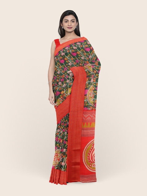 

Pothys Green & Orange Floral Printed Saree