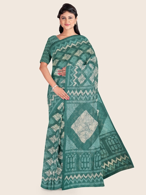 

Pothys Green & White Geometric Printed Cotton Blend Saree