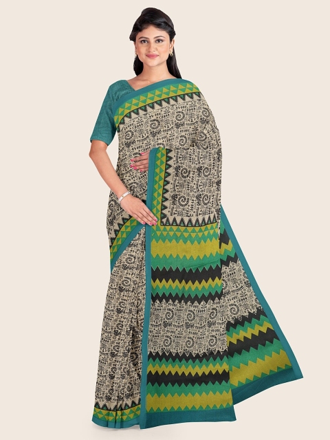 

Pothys Cream-Coloured & Green Warli Cotton Blend Saree