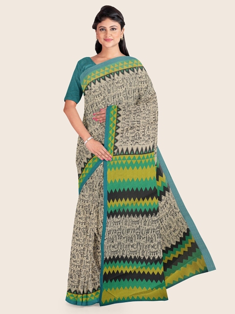 

Pothys Cream & Green Warli Printed Saree