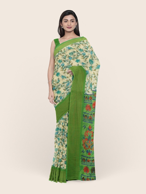 

Pothys Cream-Coloured & Green Floral Printed Cotton Blend Saree