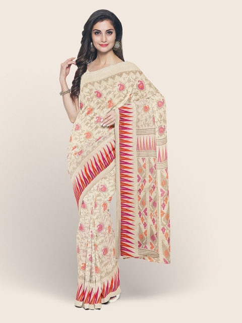 

Pothys Cream-Coloured & Pink Floral Printed Cotton Blend Saree