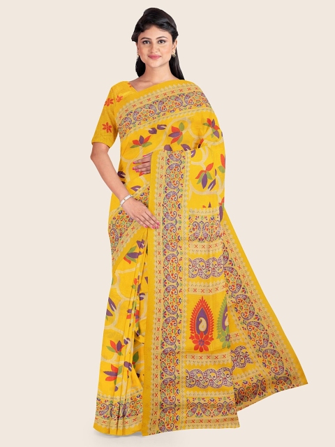 

Pothys Yellow & Multicoloured Floral Printed Cotton Blend Saree