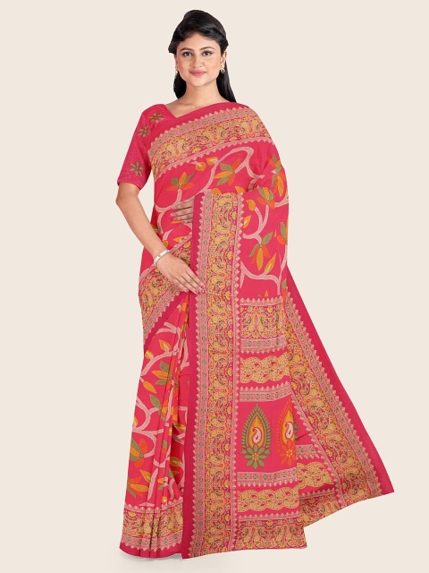 

Pothys Pink & Yellow Floral Printed Cotton Blend Saree