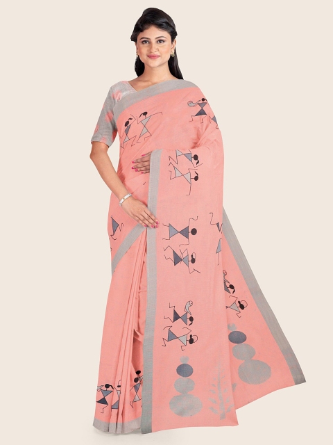 

Pothys Pink & Grey Warli Printed Saree