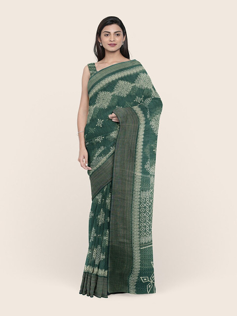 

Pothys Green & White Ethnic Motifs Cotton Blend Saree