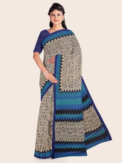 

Pothys Cream-Coloured & Blue Printed Saree