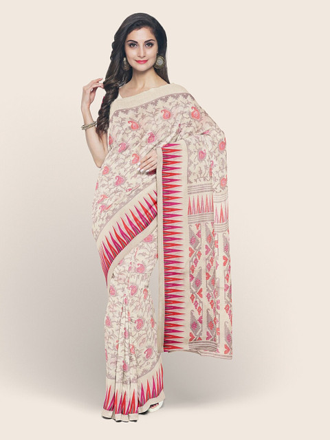 

Pothys Cream-Coloured & Pink Ethnic Motifs Printed Saree