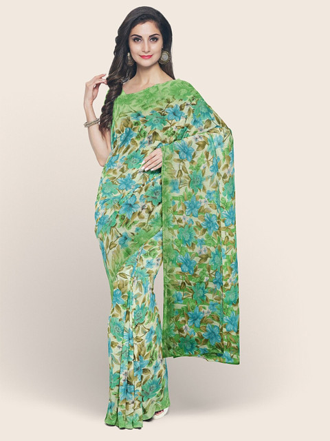 

Pothys Green & Blue Floral Printed Cotton Blend Saree