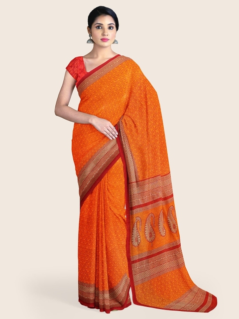 

Pothys Orange & Maroon Gold-Toned Paisley Printed Saree