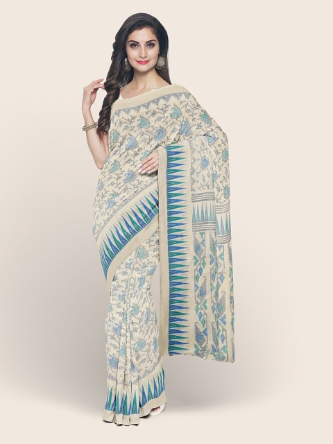 

Pothys Cream-Coloured & Blue Ethnic Motifs Cotton Blend Saree